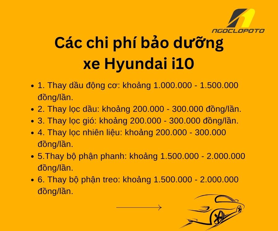 Các chi phí bảo dưỡng xe hyundai i10